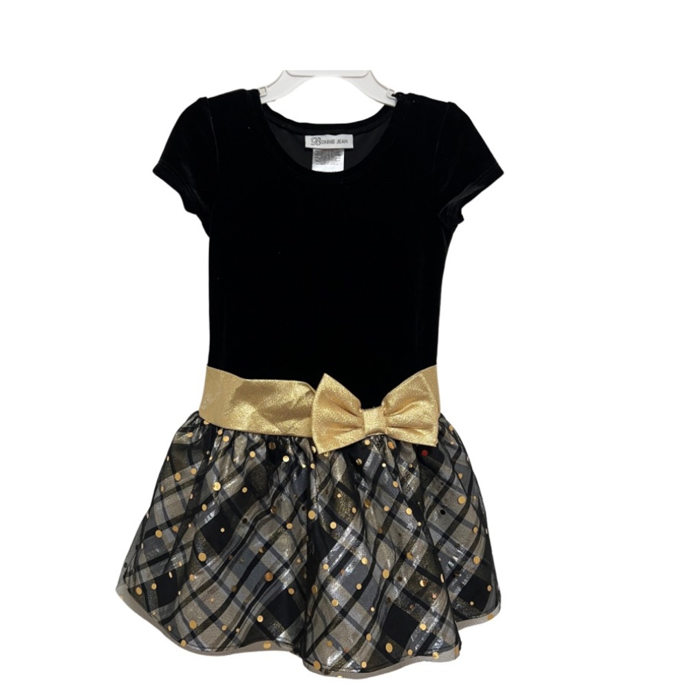 Bonnie Jean Black and Gold Plaid Taffeta Velvet Dress Size 5